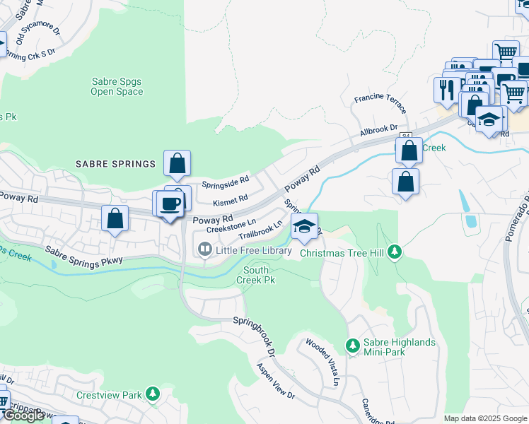 map of restaurants, bars, coffee shops, grocery stores, and more near 11574 Creekstone Lane in San Diego