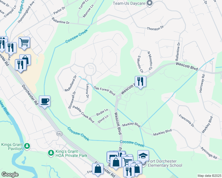 map of restaurants, bars, coffee shops, grocery stores, and more near 9426 Oak Forest Boulevard in Summerville