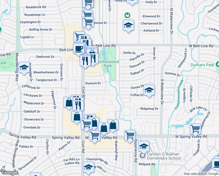 map of restaurants, bars, coffee shops, grocery stores, and more near 1310 Lamp Post Ln in Richardson