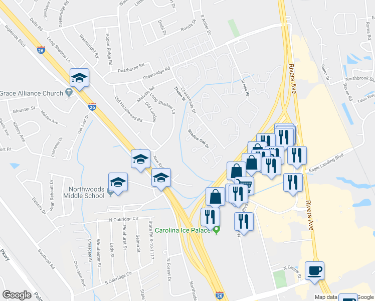 map of restaurants, bars, coffee shops, grocery stores, and more near 8053 Shadow Oak Drive in North Charleston