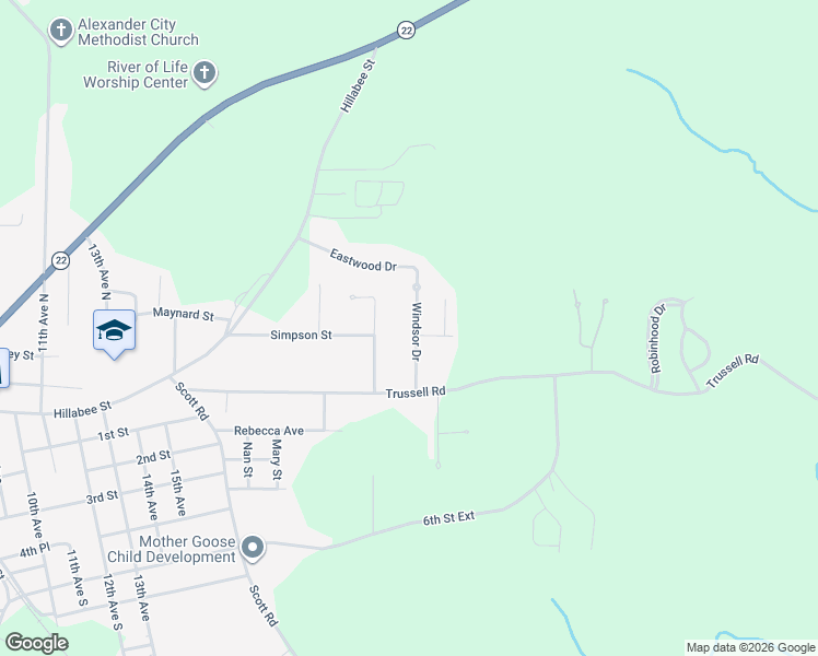 map of restaurants, bars, coffee shops, grocery stores, and more near 241 Windsor Drive in Alexander City