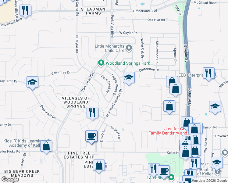 map of restaurants, bars, coffee shops, grocery stores, and more near 12109 Copper Creek Drive in Fort Worth
