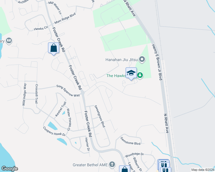 map of restaurants, bars, coffee shops, grocery stores, and more near 1236 River Rock Road in Hanahan