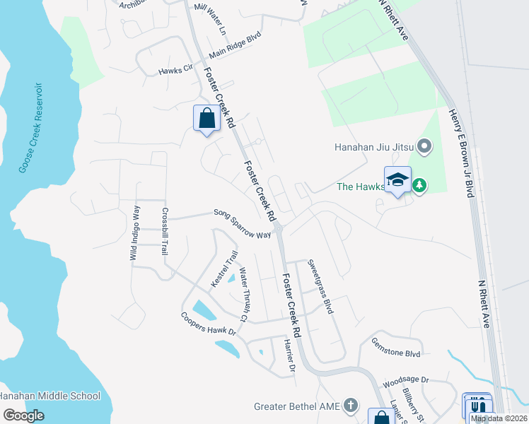 map of restaurants, bars, coffee shops, grocery stores, and more near 7409 Painted Bunting Way in Hanahan