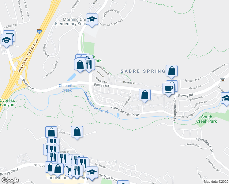map of restaurants, bars, coffee shops, grocery stores, and more near 11048 Creekbridge Place in San Diego