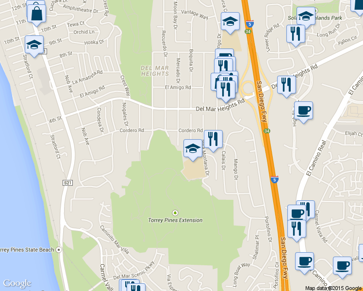 map of restaurants, bars, coffee shops, grocery stores, and more near 13621 Mercado Drive in Del Mar