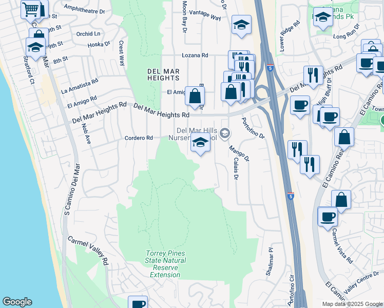 map of restaurants, bars, coffee shops, grocery stores, and more near 13621 Mercado Drive in Del Mar