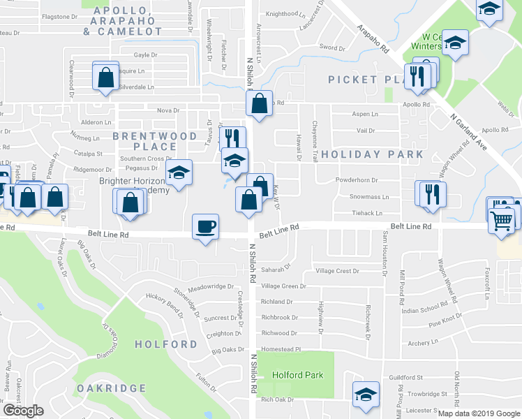 map of restaurants, bars, coffee shops, grocery stores, and more near 3106 North Shiloh Road in Garland