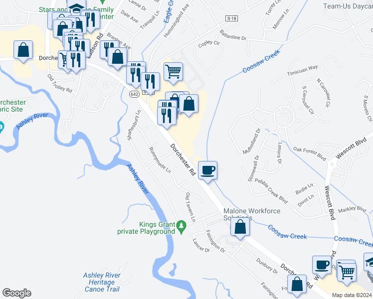 map of restaurants, bars, coffee shops, grocery stores, and more near 9680 Dorchester Road in Summerville