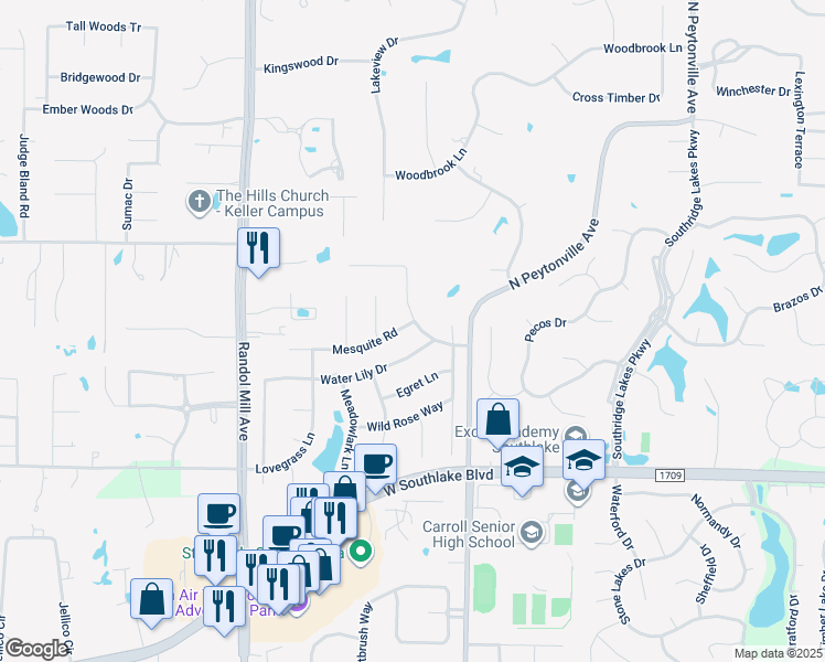 map of restaurants, bars, coffee shops, grocery stores, and more near 1601 Mesquite Road in Southlake