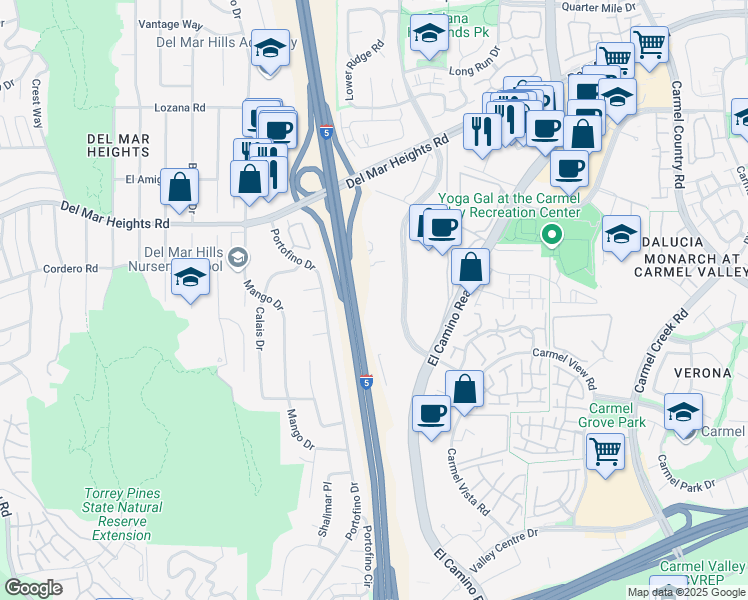 map of restaurants, bars, coffee shops, grocery stores, and more near 12554 High Bluff Drive in San Diego