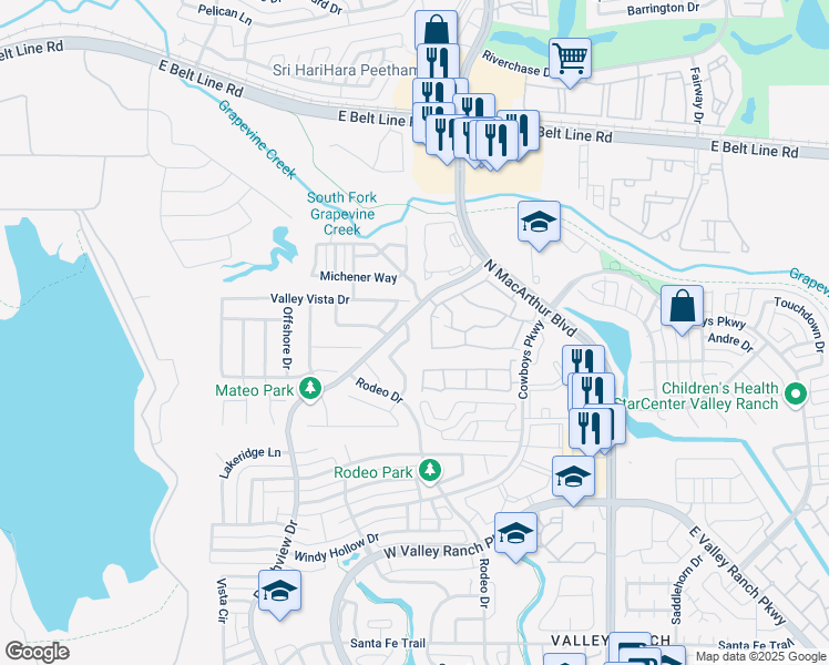 map of restaurants, bars, coffee shops, grocery stores, and more near 10404 Marchant Lane in Irving