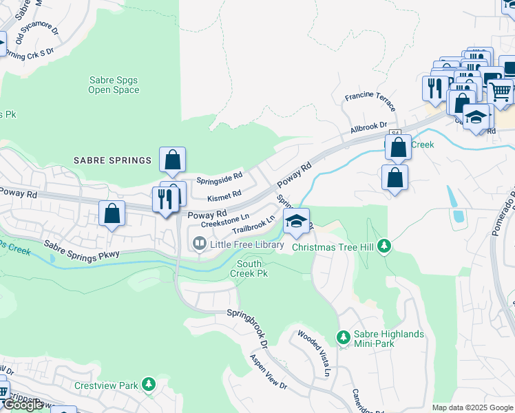 map of restaurants, bars, coffee shops, grocery stores, and more near 11574 Creekstone Lane in San Diego