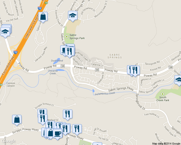 map of restaurants, bars, coffee shops, grocery stores, and more near 11022 Creekbridge Place in San Diego