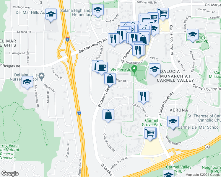 map of restaurants, bars, coffee shops, grocery stores, and more near 12501 El Camino Real in San Diego
