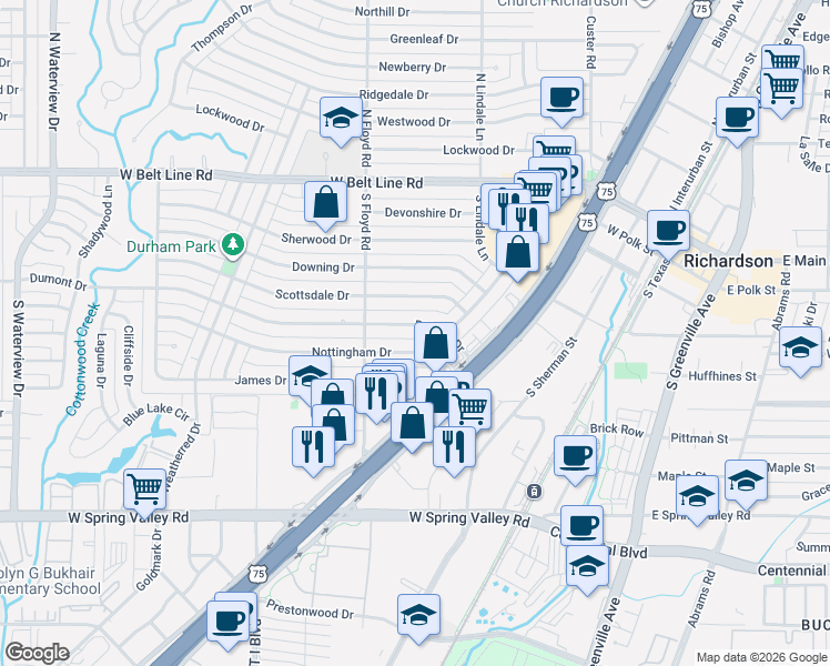 map of restaurants, bars, coffee shops, grocery stores, and more near 627 Dumont Drive in Richardson