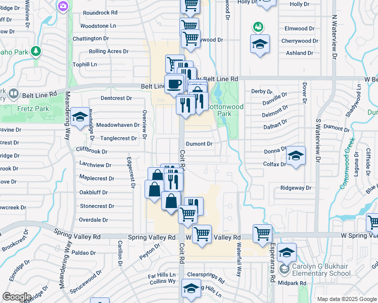 map of restaurants, bars, coffee shops, grocery stores, and more near 1426 Lamp Post Lane in Richardson