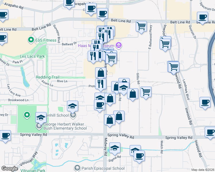 map of restaurants, bars, coffee shops, grocery stores, and more near in Farmers Branch