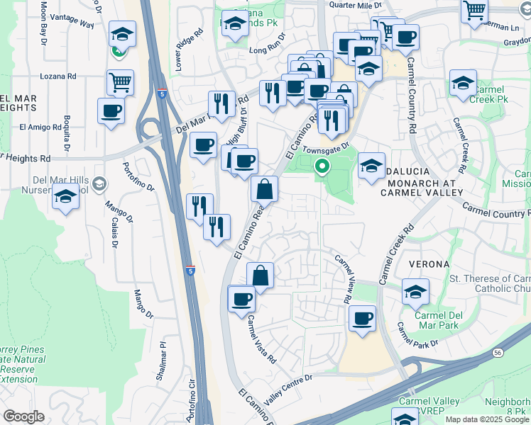 map of restaurants, bars, coffee shops, grocery stores, and more near 12523 El Camino Real in San Diego