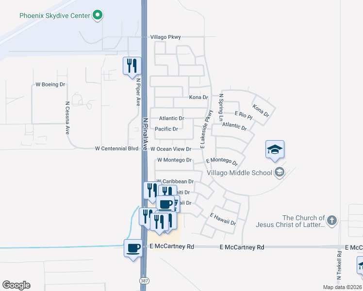 map of restaurants, bars, coffee shops, grocery stores, and more near 3010 Majestic Court in Casa Grande