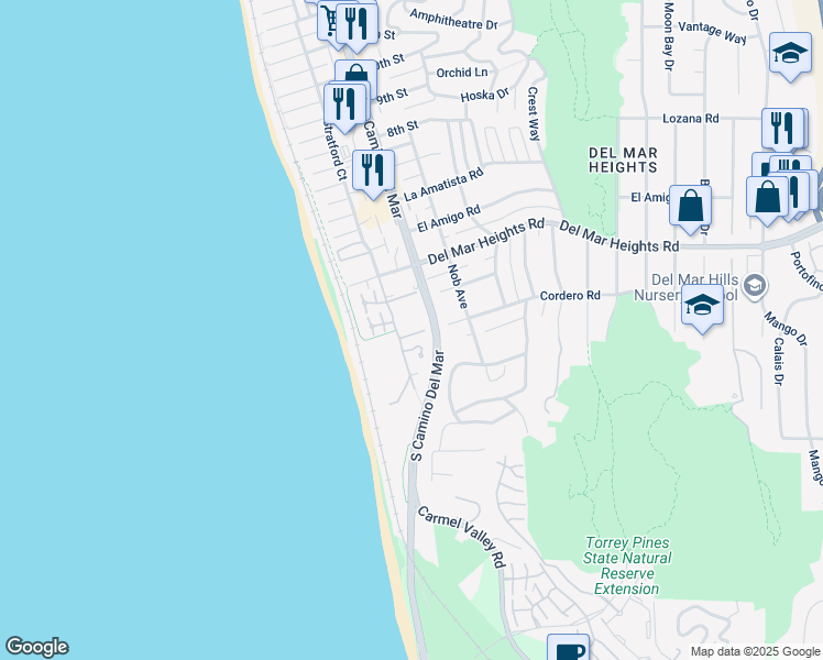 map of restaurants, bars, coffee shops, grocery stores, and more near 238 Dolphin Cove Court in Del Mar