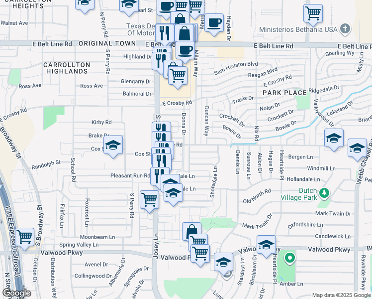 map of restaurants, bars, coffee shops, grocery stores, and more near 14535 Forestdale Ln in Farmers Branch
