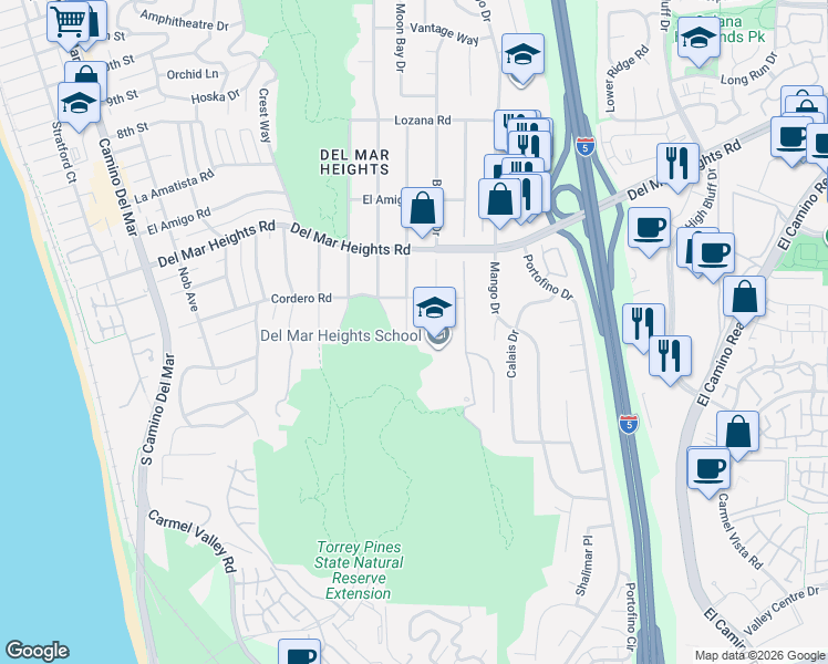map of restaurants, bars, coffee shops, grocery stores, and more near 13621 Mercado Drive in Del Mar