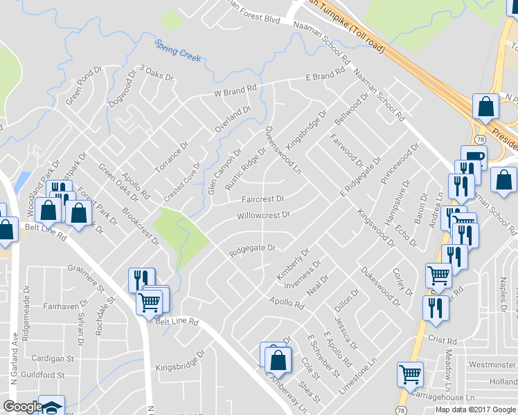 map of restaurants, bars, coffee shops, grocery stores, and more near 305 Kingsbridge Drive in Garland