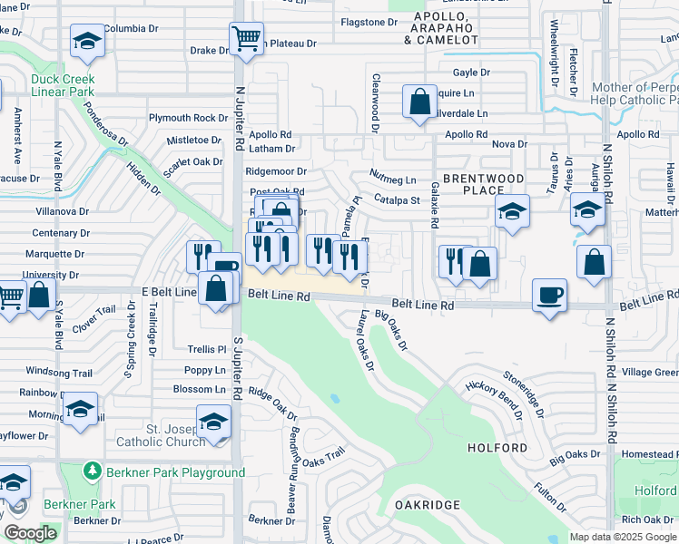 map of restaurants, bars, coffee shops, grocery stores, and more near 3222 Embercrest Lane in Garland