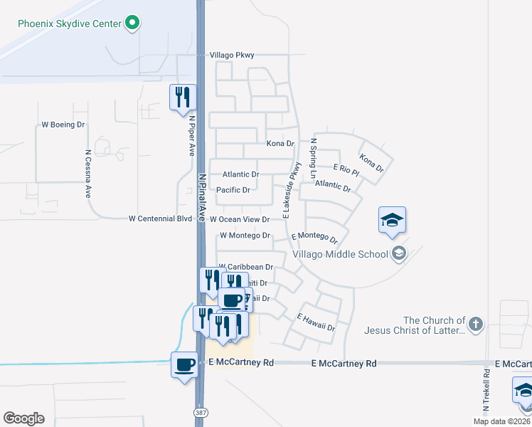 map of restaurants, bars, coffee shops, grocery stores, and more near 3010 Majestic Court in Casa Grande