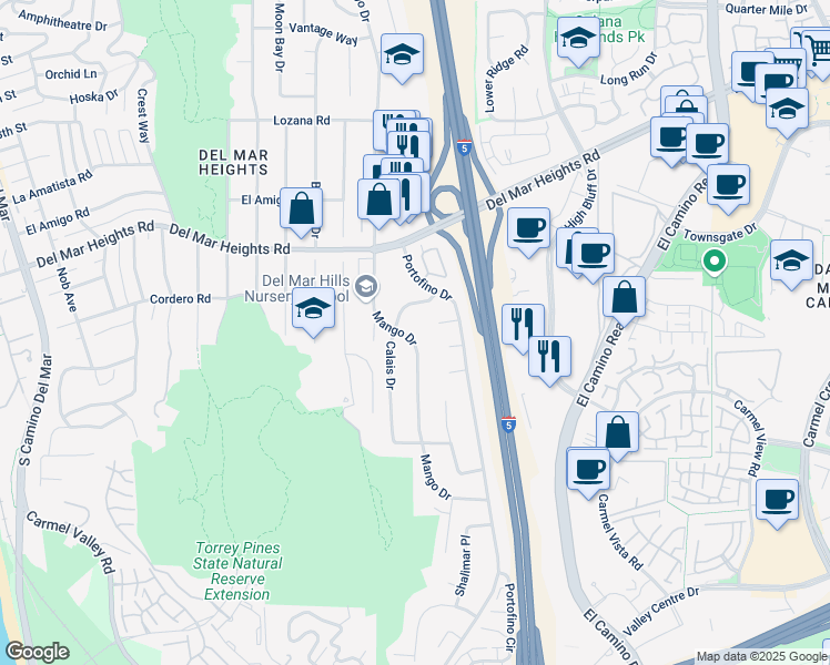 map of restaurants, bars, coffee shops, grocery stores, and more near 13577 Mango Drive in Del Mar