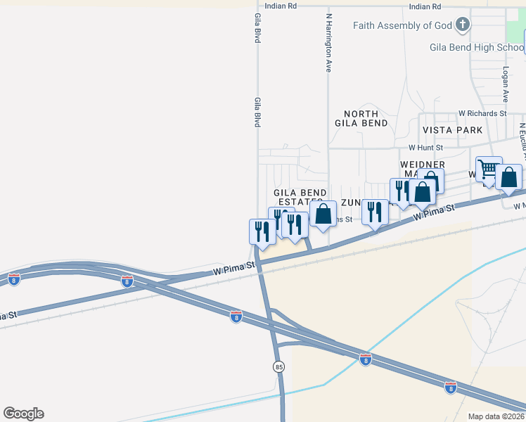 map of restaurants, bars, coffee shops, grocery stores, and more near 203 Jeb Stuart Street in Gila Bend