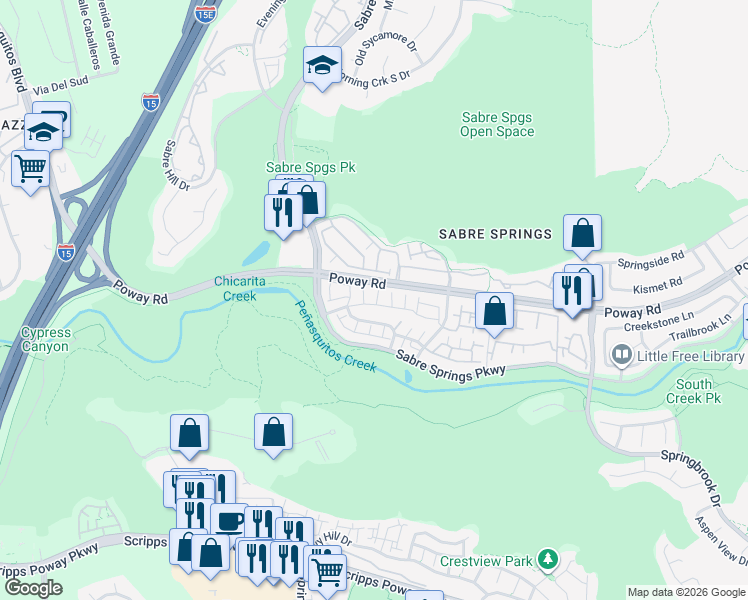 map of restaurants, bars, coffee shops, grocery stores, and more near 11002 Creekbridge Place in San Diego