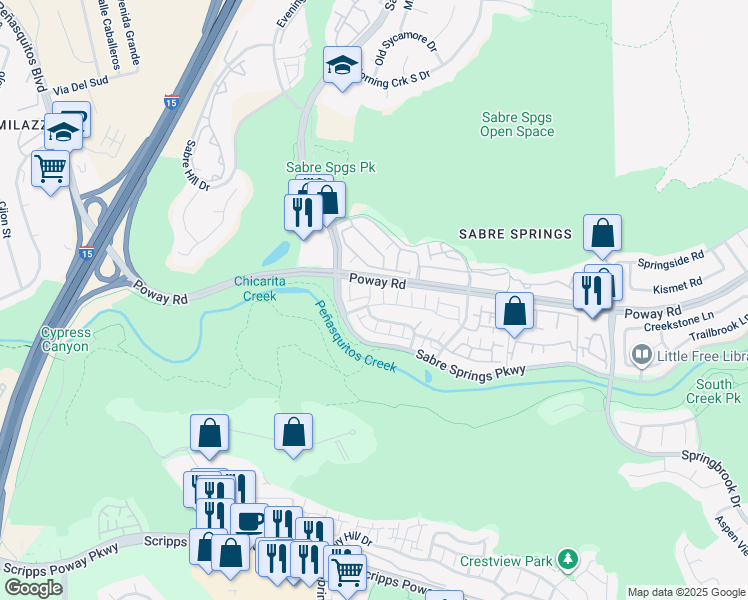map of restaurants, bars, coffee shops, grocery stores, and more near 10946 Creekbridge Place in San Diego