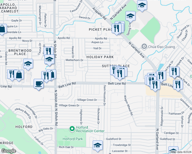 map of restaurants, bars, coffee shops, grocery stores, and more near 2013 Tiehack Lane in Garland