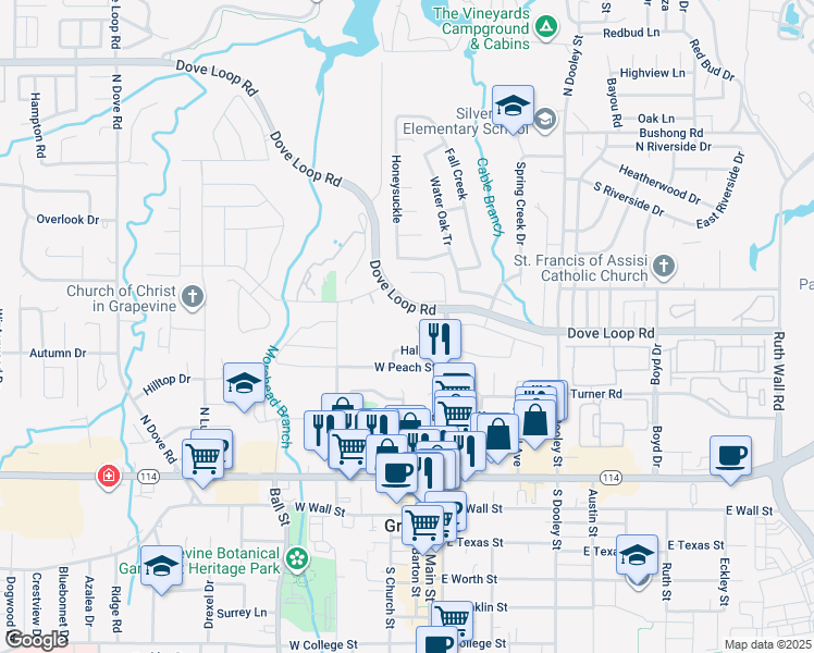 map of restaurants, bars, coffee shops, grocery stores, and more near 117 Wildwood Court in Grapevine
