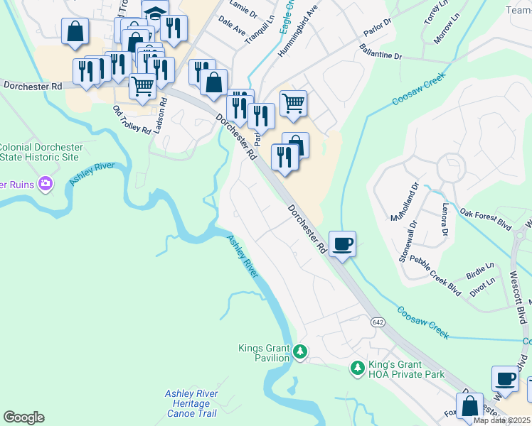 map of restaurants, bars, coffee shops, grocery stores, and more near 113 Runnymede Lane in Summerville