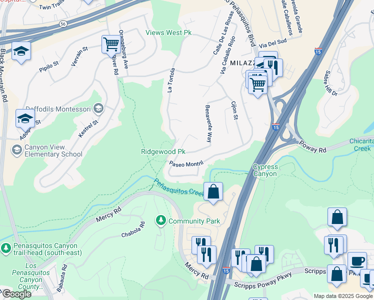 map of restaurants, bars, coffee shops, grocery stores, and more near 9562 Benavente Street in San Diego