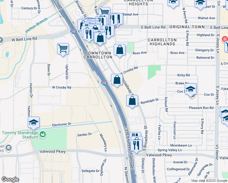 map of restaurants, bars, coffee shops, grocery stores, and more near 1635 Interstate 35E Frontage Road in Carrollton