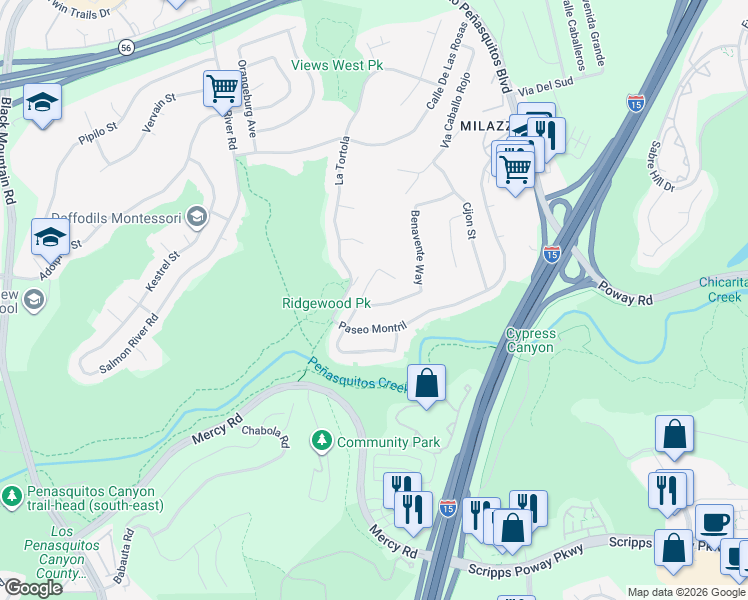 map of restaurants, bars, coffee shops, grocery stores, and more near 9562 Benavente Street in San Diego