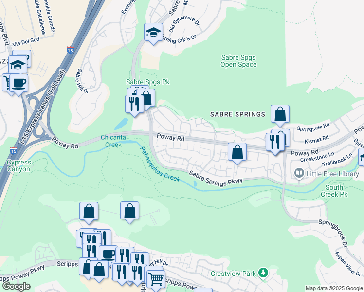 map of restaurants, bars, coffee shops, grocery stores, and more near 11022 Creekbridge Place in San Diego