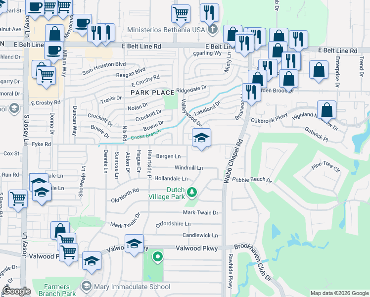 map of restaurants, bars, coffee shops, grocery stores, and more near 2976 Fyke Road in Farmers Branch