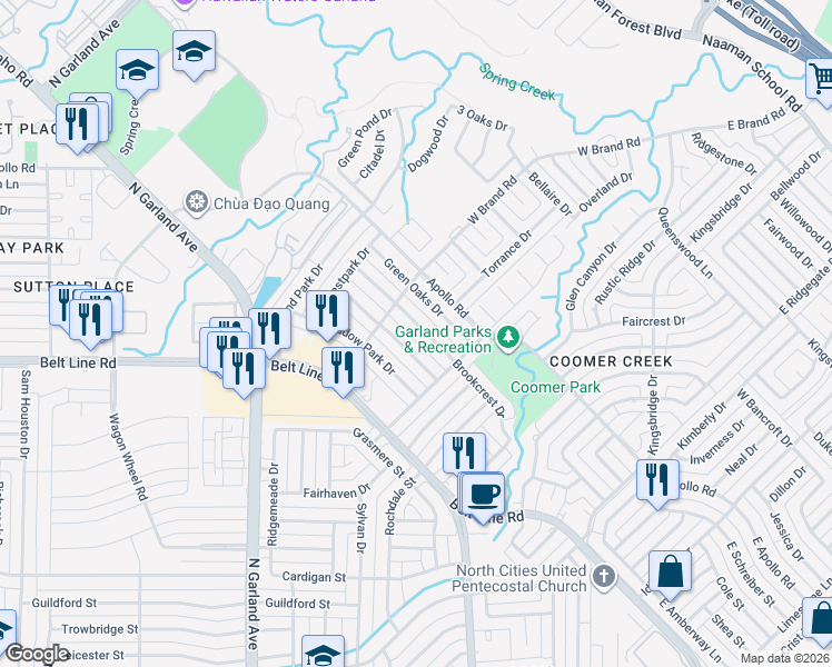 map of restaurants, bars, coffee shops, grocery stores, and more near 2806 Brookcrest Drive in Garland