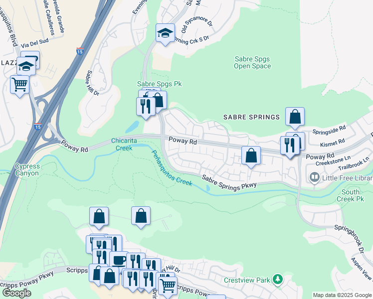 map of restaurants, bars, coffee shops, grocery stores, and more near 10946 Creekbridge Place in San Diego
