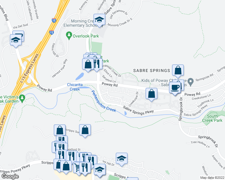 map of restaurants, bars, coffee shops, grocery stores, and more near 10942 Creekbridge Place in San Diego
