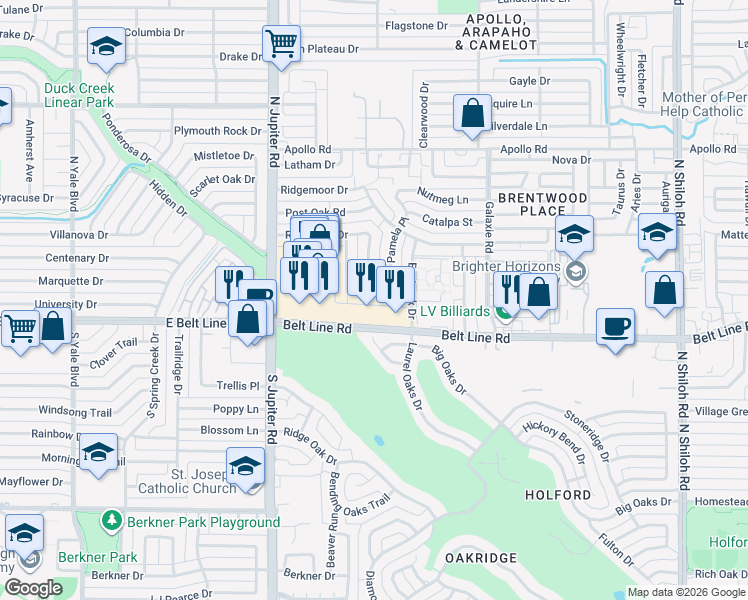 map of restaurants, bars, coffee shops, grocery stores, and more near 3222 Embercrest Lane in Garland