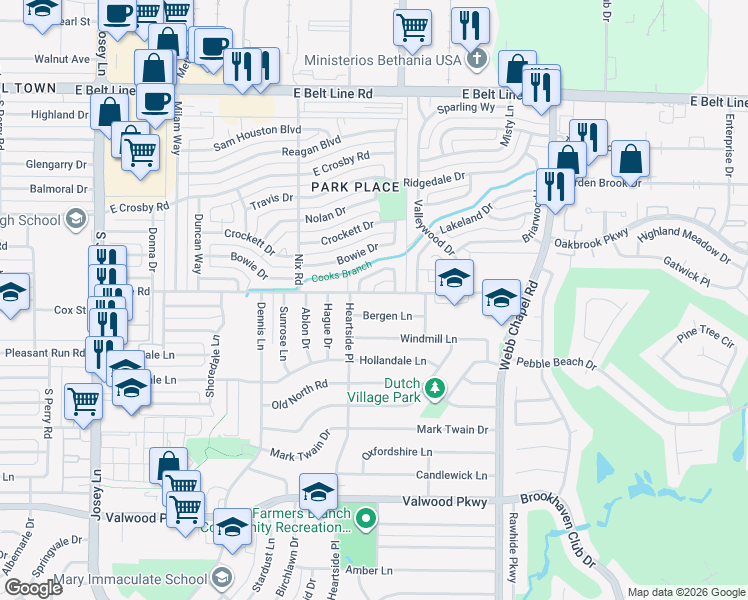map of restaurants, bars, coffee shops, grocery stores, and more near 2916 Fyke Road in Farmers Branch