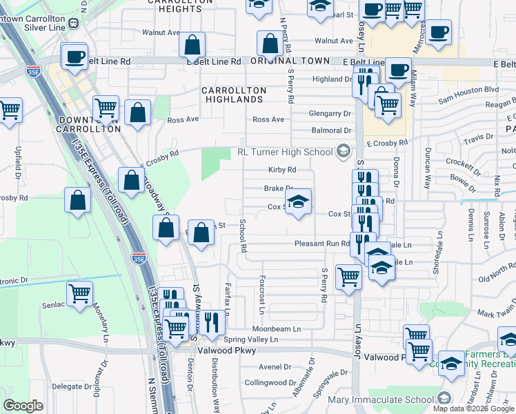 map of restaurants, bars, coffee shops, grocery stores, and more near 1601 South Perry Road in Carrollton