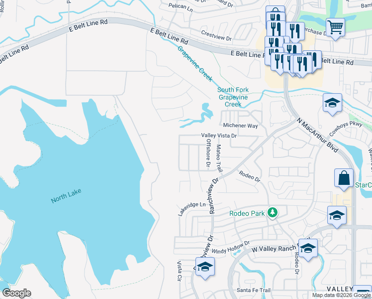 map of restaurants, bars, coffee shops, grocery stores, and more near 10334 Sandbar Drive in Irving