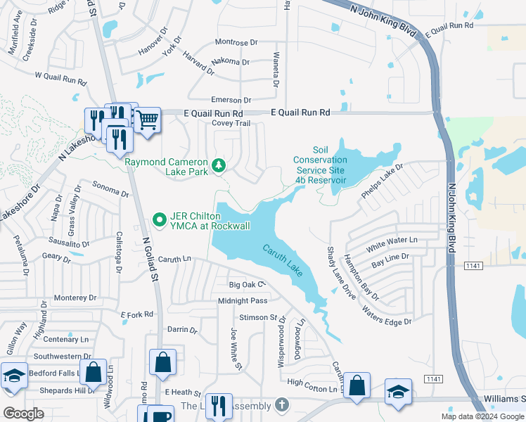 map of restaurants, bars, coffee shops, grocery stores, and more near 611 Lone Rider Court in Rockwall